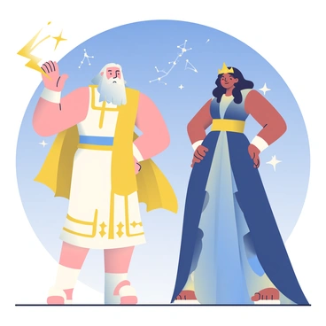 Zeus, a tall figure with a strong build, is standing on the left. He has a long white beard and is wearing a flowing robe adorned with golden trim. His right arm is raised, holding a lightning bolt that crackles with energy. Next to him, Hera stands elegantly on the right, wearing a regal gown with shades of deep blue and silver accents. She has long, wavy dark hair adorned with a crown of stars. Both are illuminated by the soft glow of the stars above, which twinkle against the deep navy sky filled with constellations. The scene captures their powerful presence as divine figures.