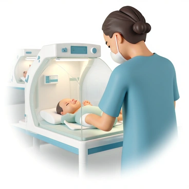 A nurse, wearing blue scrubs and a white mask, is gently checking on a baby inside a clear incubator. The incubator is filled with soft, warm light and has various monitoring devices attached. The baby, wrapped in a light green blanket, is peacefully sleeping with a tiny hand resting on the side of the incubator. The background shows other incubators and medical equipment typical of a neonatal ward, conveying a sense of care and attention in the environment.