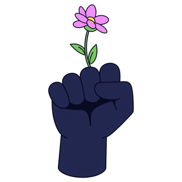 A closed fist in a dark color, with the fingers tightly clenched. Emerging from the top of the fist is a delicate flower with soft pink petals and a green stem. The flower stands upright, contrasting with the strong appearance of the fist. The background is simple and unobtrusive.