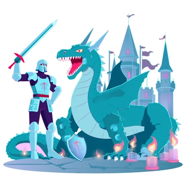 A knight and a dragon engaged in a comic book battle in a medieval setting