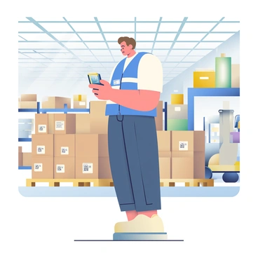 A warehouse manager with light skin and short brown hair is standing in a large warehouse. He is wearing a blue safety vest over a white shirt and dark jeans. In his right hand, he holds a handheld barcode scanner, which is pointed at a stacked row of cardboard boxes. The boxes are labeled with various barcodes and are arranged on wooden pallets. In the background, there are shelves filled with more boxes and industrial shelving units. The lighting in the warehouse is bright and there are visible forklifts in the distance.
