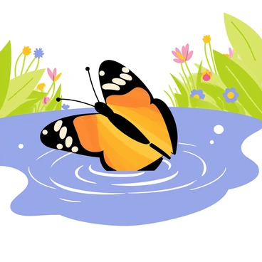 A vibrant orange and black "monarch butterfly" delicately resting its wings on the smooth surface of a "tranquil pond." The pond is surrounded by lush green foliage and colorful wildflowers. Gentle ripples spread outward from the point of contact where the butterfly lightly touches the water, reflecting the bright blue sky above. Light glimmers on the water's surface, enhancing the peaceful atmosphere of the scene.