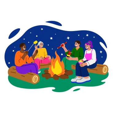A cozy outdoor bonfire surrounded by friends sitting on wooden logs. The fire is crackling and glowing warmly, with bright orange and yellow flames dancing upward. Friends are gathered closely, smiling and laughing. One person is holding a long stick with a golden-brown marshmallow roasting over the fire, while another has a skewer with vibrant red chili peppers. The night sky above is dotted with twinkling stars, and the ground is covered with soft green grass. A few blankets are draped over the logs, adding to the cozy atmosphere.