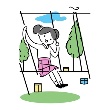 A school girl with brown hair tied in two pigtails is swinging on a swing set. She is wearing a white blouse and a red plaid skirt. Her expression is joyful as she swings back and forth. The swing set is located in a school playground with green grass underneath. There are a few colorful wooden blocks scattered on the ground nearby. In the background, there are tall trees providing shade and a clear blue sky above.