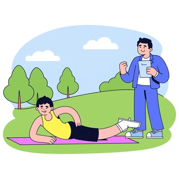 A young athlete is lying on a mat, performing hip thrusts with focused determination. The athlete has short black hair and is wearing a bright green tank top and black shorts. Nearby, a coach stands with a clipboard, observing the athlete's form with a thoughtful expression. The training camp is set outdoors, with a few trees in the background and a clear blue sky above. The ground is covered with green grass, enhancing the athletic atmosphere.