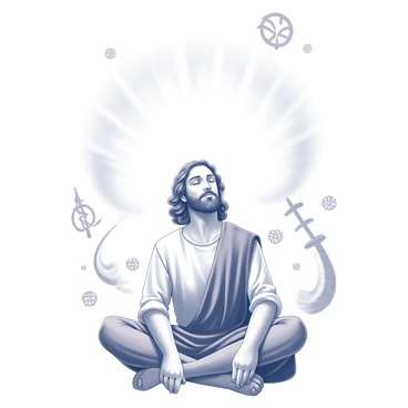 An apostle sitting cross-legged in a moment of deep contemplation. His eyes are closed, and his facial expression reflects a sense of peace and focus. Above him, a radiant light forms a vision, illuminating the space around. The light takes on an ethereal quality, with wispy, cloud-like shapes that suggest a divine presence. Surrounding the apostle are intricate patterns and symbols that hint at spiritual significance, weaving around him as if responding to his thoughts. The background is minimal, allowing the focus to remain on the apostle and the heavenly vision.