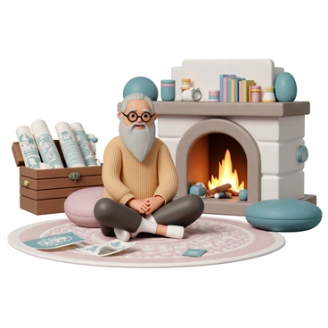 A cozy storyteller with a reel of scrolls, sharing tales by a crackling fire