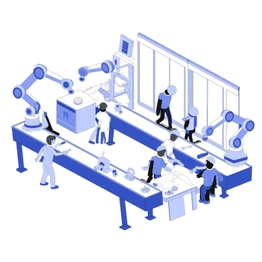 An assembly line is positioned inside a busy factory. The line is bustling with workers wearing safety helmets and gloves, focused on their tasks. There are several robotic arms mounted above the assembly line, actively engaging in the assembly process. Each robotic arm has articulated joints and grippers that handle components with precision. Various products are moving along the conveyor belt, and there are tools and parts organized on nearby workstations. The factory has large windows allowing light to filter in, illuminating the scene.