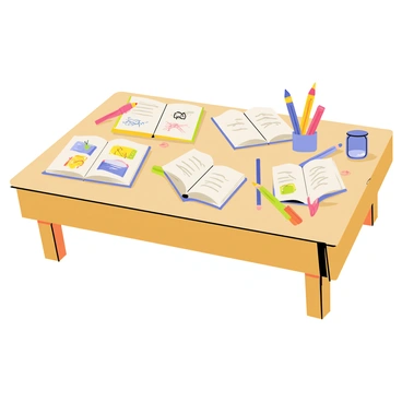 An illustrator's desk made of light brown wood, showing a slightly worn surface. On the desk, there are several open books with colorful pages, displaying illustrations and sketches. Scattered across the desk are various drawing tools, including graphite pencils, colored pencils, and markers in vibrant colors. A couple of paintbrushes are also present, resting beside a small jar filled with water. The scene is well-lit, with a warm atmosphere, enhancing the creativity of the space.