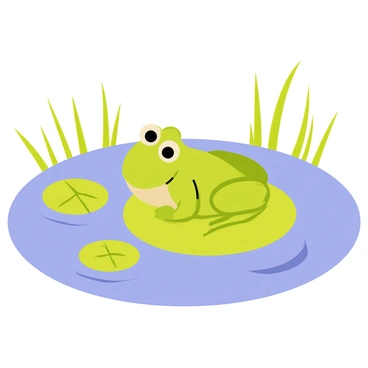 A green tree frog with large, bulging eyes is resting comfortably on a round green lily pad. The lily pad has a smooth surface and a slight sheen from the water. The pond surrounding the lily pad is filled with clear blue water. In the background, there are several additional lily pads scattered across the pond. Gentle ripples radiate outward from the lily pad, suggesting a soft breeze. Bright green reeds and delicate water plants frame the edges of the pond, completing the tranquil scene.