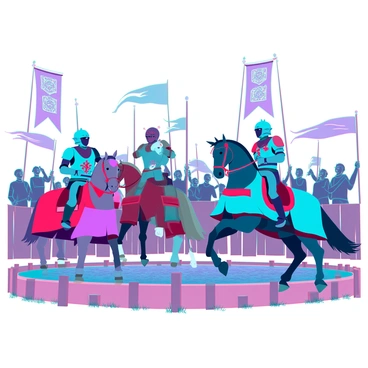 A medieval tournament scene featuring knights engaged in jousting, showcasing a variety of colorful armor designs. The knights are mounted on powerful, majestic horses outfitted in vibrant caparisons that match their armor. Spectators in the background are cheering, creating an atmosphere of excitement. Banners with intricate patterns flutter in the breeze, adding to the festive ambiance. The jousting arena is marked with wooden barriers, and the ground is covered in a mix of dirt and grass. The sky above is clear, allowing sunlight to illuminate the scene.