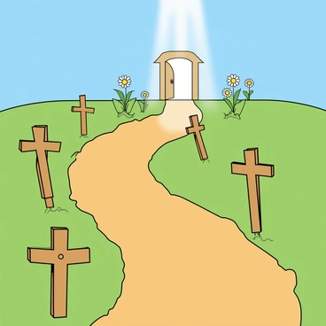 A winding dirt path that curves gently through a sunny landscape. The path is bordered by a series of wooden crosses, each with a simple design, standing at regular intervals. The crosses are painted in soft pastel colors, creating a cheerful and inviting atmosphere. At the end of the path, there is an open church door, framed by decorative flowers in full bloom. Rays of sunlight stream through the doorway, illuminating the space inside. The sky above is a clear blue, adding to the sense of warmth and hope on this Easter morning.