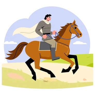 Aragorn, dressed in rugged medieval armor, is riding a majestic brown horse with a flowing mane. The horse's powerful legs are in mid-gallop, kicking up small clouds of dust as it moves swiftly across a vast, open plain. The background features rolling hills with patches of green grass under a clear blue sky, dotted with a few fluffy white clouds. Aragorn holds the reins confidently, and his cloak billows dramatically behind him, adding to the sense of speed and freedom in the scene.
