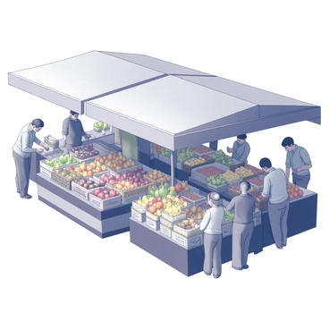 A bustling marketplace filled with multiple stalls. Each stall is overflowing with an assortment of fruits such as apples, oranges, and bananas, arranged in colorful baskets. Spices are displayed in small containers, with labels visible, showcasing their names. The market is populated with people engaging in lively conversations and transactions, some examining the produce while others barter with the vendors. The scene captures the vibrant energy of commerce, with an array of awnings providing shade over the stalls.