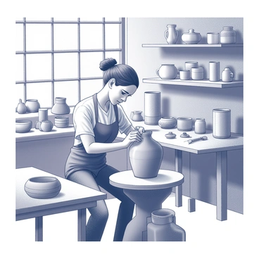 A potter is shaping clay on a spinning wheel. The potter is focused, with hands skillfully molding the wet clay into a vase. Surrounding the potter, there are shelves filled with various pieces of beautifully crafted pottery, including bowls, mugs, and decorative items. The workshop has wooden tables cluttered with tools and pots of clay, while the light streams in through a window, casting shadows across the workspace.