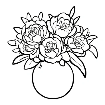 A detailed "vase" filled with "soft pink peonies" arranged in a flowing manner. The peonies have layered petals and varied sizes, creating a full appearance. The "vase" is round and elegantly shaped, showcasing the flowers beautifully. The scene is filled with delicate leaves surrounding the blossoms, adding texture and depth to the composition.