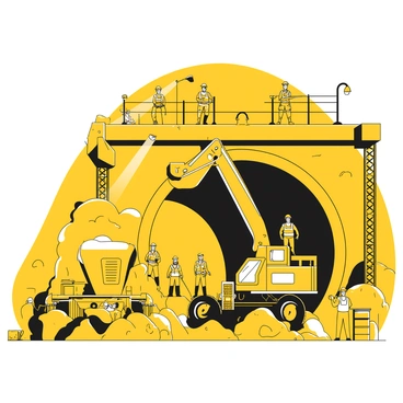 A group of workers wearing safety helmets and reflective vests is engaged in the construction of a metro tunnel. They are operating large machinery, including a drill and a concrete mixer, which are positioned on the ground. Some workers are using shovels and picks, while others are observing the machinery's operation. The walls of the tunnel show raw, unrefined earth and are supported with wooden beams. The scene is illuminated by bright work lights, casting shadows on the workers and machinery.
