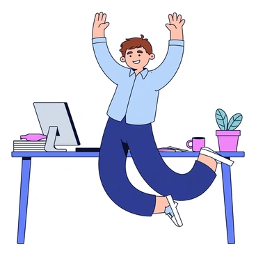 An office worker with short brown hair is wearing a light blue shirt and dark pants. They are performing jumping jacks in front of a desk cluttered with papers and a computer. The worker's arms are raised above their head while their legs are spread apart in a jumping motion. A coffee mug sits on the desk, and a potted plant is in the background. The office has a bright overhead light illuminating the scene.