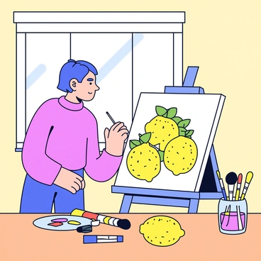 An artist is standing at an easel, focused intently on painting a still life composition featuring several yuzu fruits. The yuzu have a textured, bright yellow skin with a slightly bumpy surface. The studio is filled with natural light streaming in from a large window, casting soft shadows. Surrounding the artist are various colors squeezed out from tubes and a collection of paintbrushes in a jar, some resting on the wooden table. The walls of the studio are a gentle beige, creating a warm, inviting atmosphere.