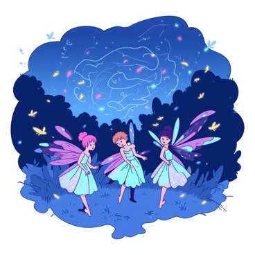 A group of small fairies with delicate wings is orchestrating a mesmerizing light show at dusk. The fairies are adorned in shimmering outfits that reflect a blend of colors. Surrounding them, swarming fireflies emit a warm glow, illuminating the scene with a vibrant dance of lights. The background features a darkening sky that transitions into deep blue, contrasting with the vibrant lights created by the fairies and fireflies. Each fairy is focused on their task, creating intricate patterns in the air as the fireflies swirl around them.
