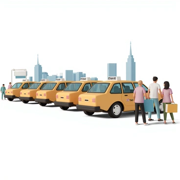 Several taxis, all painted bright yellow, are lined up at a busy taxi stand. Each taxi has a unique number displayed on its roof and is parked with precise spacing between them. The scene is bustling with activity, as a few passengers stand nearby, looking around, while others are loading their luggage into the back of a taxi. In the background, there are tall buildings that add to the urban environment, and the sky is clear, indicating a sunny day.