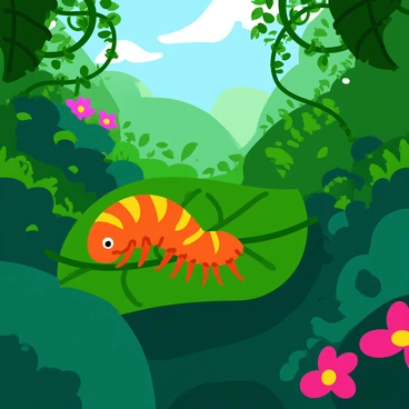 A vivid centipede amidst the dense foliage of a tropical rainforest