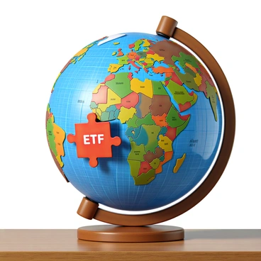 A globe constructed entirely from colorful jigsaw pieces, showcasing the continents and oceans in a puzzle format. One prominent piece, larger than the others, is labeled with the letters "ETF" and is fitting snugly into an unoccupied space on the globe. The globe is positioned on a wooden surface, reflecting light in a way that accentuates the texture and colors of the jigsaw pieces. The overall scene conveys a sense of completion as the "ETF" piece is being placed into position.