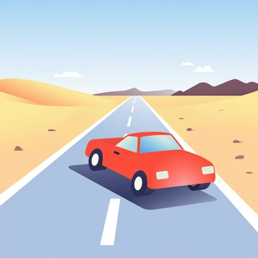 A car driving along a long, straight road through a vast desert landscape