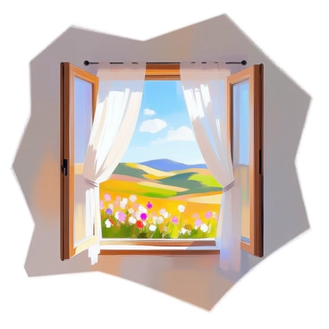 An open window with white sheer curtains gently blowing in the breeze, creating a soft, flowing movement. The window frame is made of rustic wood, and the curtains are draped elegantly, allowing light to enter the room. Beyond the window, a vast landscape unfolds, featuring rolling green hills under a clear blue sky. In the distance, there are patches of colorful wildflowers swaying gently in the wind. The scene conveys a sense of openness and tranquility, inviting the viewer to gaze out at the expansive nature beyond the window.