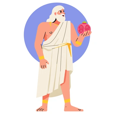 A tall, muscular figure of Zeus stands confidently with a bright blue sky behind him. He has a flowing white beard and long hair, showcasing his regal appearance. In his right hand, he holds a vibrant red pomegranate, its glossy skin reflecting the sunlight. The pomegranate has sections visible, revealing juicy seeds inside, symbolizing fertility and abundance. Zeus is dressed in a flowing white toga with golden accents, and he has a majestic aura, embodying power and authority.