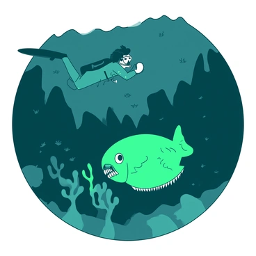 A deep-sea diver in a teal wetsuit is swimming gracefully through an underwater scene. The diver is holding a small white flashlight that illuminates the dark waters around them. In front of the diver, a giant anglerfish with large, menacing teeth is glowing in an eerie shade of green, showcasing its bioluminescent lure. The background is filled with shadowy silhouettes of coral formations and small fish darting in the darkness, highlighting the diver's sense of awe as they observe the anglerfish.