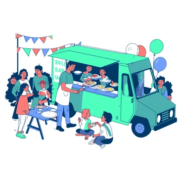 A teal food truck is parked in a lively area filled with people. The truck has large windows showcasing an array of colorful snacks being prepared inside. In front of the truck, there is a line of hungry customers eagerly waiting to order. A cheerful vendor with a white apron is handing out food to a family, who are smiling and excited to receive their meals. Nearby, a group of friends is sharing different snacks at a small picnic table, laughing and enjoying the vibrant atmosphere. In the background, colorful banners and balloons add to the festive feel of the rally.