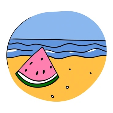 A bright pink watermelon slice with a green rind is resting on golden sand. The watermelon has a few seeds visible on its surface. In the background, gentle ocean waves are lapping against the shore under a clear blue sky. The sunlight is casting a warm glow on the scene, highlighting the refreshing texture of the watermelon. The beach is empty, giving a sense of tranquility to the image.