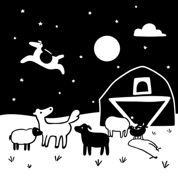 A barnyard scene illuminated by a starry sky at night. A group of various animals, including a sheep, a pig, and a chicken, are gathered together, all looking upwards. In the sky, a cow is captured in mid-leap, soaring gracefully over a large, luminous moon. The barn in the background is silhouetted against the night sky, with a few scattered clouds enhancing the surreal atmosphere. There are patches of grass and hay scattered across the ground.