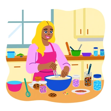 A cheerful Barbie with long blonde hair, wearing a pink apron, is in a bright kitchen. She is mixing cookie dough in a large bowl perched on a wooden countertop. There are vibrant kitchen utensils scattered around her, including a whisk, measuring cups, and a rolling pin. Various jars of colorful sprinkles are open, and some sprinkles are playfully scattered on the counter. The kitchen has light-colored cabinets and a sunny window with cheerful curtains, allowing sunlight to stream in, illuminating the joyful scene of baking.