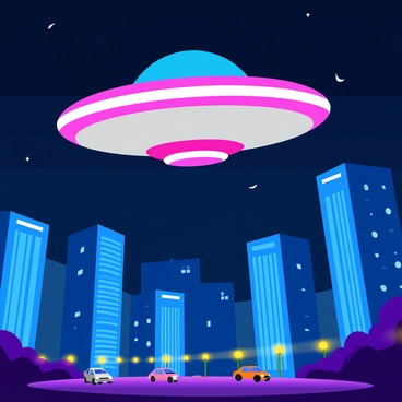 A shiny metallic UFO with an illuminated edge is hovering silently above a modern city skyline at night. The city features tall glass skyscrapers with bright lights reflecting off their surfaces, creating a vibrant urban scene. The sky is dark, dotted with a few stars, enhancing the contrast with the glowing UFO. Below, the streets are bustling with tiny cars and people, their silhouettes visible against the illuminated buildings.