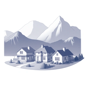 A collection of homes positioned closely together in a valley. The houses feature sloped roofs and chimneys, with some having small porches adorned with railings. Surrounding the homes are tall mountains, their peaks reaching high above and creating a protective barrier around the valley. The landscape includes patches of trees and grassy areas, enhancing the natural setting of the homes.