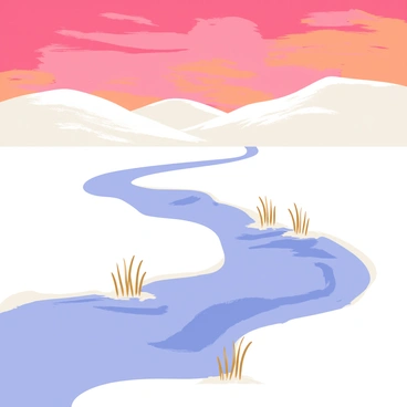 A partially frozen river with clear blue water runs through a white permafrost plain. The river's surface has patches of ice, reflecting the soft light of a pink sunset. Along the banks of the river, there are tufts of brown grass peeking through the snow. In the background, low hills covered in a layer of frost can be seen under the colorful sky filled with swirling shades of pink and orange.