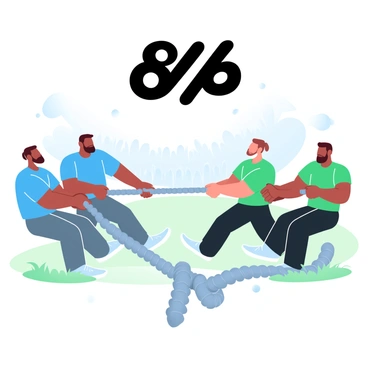 A tug of war is taking place between two teams, one with eight members and the other with six members. The team of eight is wearing matching bright blue shirts, while the team of six is in vibrant green shirts. The rope they are pulling is thick and frayed, sinking into the ground slightly between them. The background features a grassy field with a few scattered trees, and a cheering crowd can be seen in the distance. Above the scene, "8/6" is displayed prominently in bold lettering.