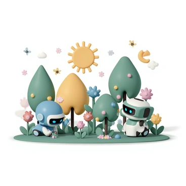 A colorful 3D cartoon garden filled with various types of vibrant flowers and trees. In the garden, cheerful robots are actively tending to the plants. One robot, with a shiny blue body and friendly eyes, is kneeling while planting a small flower. Another robot, with a green body and a wide smile, is watering a young sapling using a watering can. The sun is shining brightly in the sky, illuminating the garden and casting playful shadows on the ground. Butterflies and bees are fluttering around, adding to the lively atmosphere of the scene.