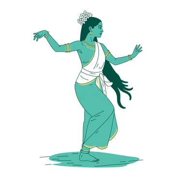 A teal Mohiniyattam dancer is captured in a graceful pose, her arms elegantly extended and fingers poised. She is wearing a detailed white traditional costume, adorned with intricate golden embroidery and embellishments. Her long hair is neatly tied back, decorated with fresh white jasmine flowers that cascade down her back. The dancer's expression conveys deep emotion and artistry, adding to the overall beauty of the scene. The floor beneath her feet is a simple wooden surface, emphasizing the dancer's movements.