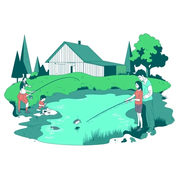 A teal fishing pond is nestled on a farm surrounded by lush green grass and a few scattered trees. Families are gathered around the pond, each member focused on their fishing rods. A child is excitedly reeling in a small fish at the edge of the water, while a parent helps another child bait their hook. In the background, a rustic wooden barn is visible, painted in a weathered white. The sun casts soft reflections on the water's surface, creating a peaceful scene of a fun family outing.