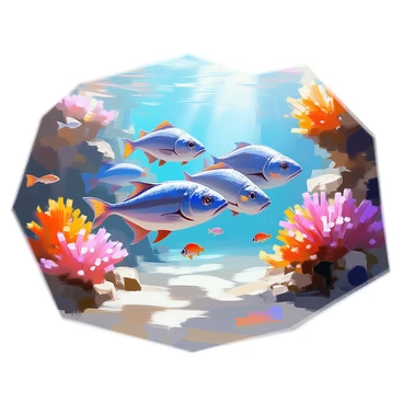 A school of coelacanths with their distinctive lobed pectoral and dorsal fins is swimming gracefully together near a vibrant coral reef. The coelacanths, with their unique dark blue bodies and lighter patterned scales, move in unison, showcasing their prehistoric features. The coral reef is rich in colors, with various corals in shades of orange, yellow, and purple providing a striking backdrop. Small fish dart in and out of the coral formations, adding life to the underwater scene. Sunlight filters through the water, creating a dappled effect on the sandy ocean floor below.