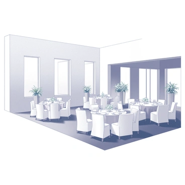A wedding venue featuring minimalist architecture with simple, clean lines. The space includes large windows that allow natural light to flood in, illuminating the interior. White decor is predominant, with elegant table settings featuring white linens and delicate floral arrangements. The seating is arranged in a neat and organized manner, creating an open and uncluttered atmosphere. In the background, there are a few tasteful decorative elements that complement the overall minimalist design.