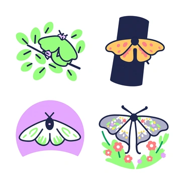 A series of four illustrations depicting moths adapting to different seasons. In the first illustration, a moth is resting on a branch surrounded by green leaves, showcasing its light green wings that blend seamlessly with the foliage. The second illustration presents a moth perched on a dark tree trunk during autumn, featuring warm-colored wings that mimic the fallen leaves on the ground. The third illustration features a moth against a snowy backdrop, with its wings displaying a white and light grey pattern, providing camouflage among the winter landscape. The final illustration portrays a moth in a vibrant spring garden, where its wings are adorned with bright floral patterns, allowing it to blend in with the blooming flowers around it.