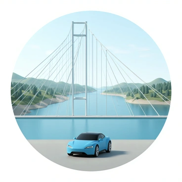 An electric car, sleek and modern, is driving across a grand suspension bridge. The car is painted a vibrant blue with smooth curves and aerodynamic features. The bridge towers majestically above, with intricate cables supporting its structure. Below, an expansive river flows, reflecting the bright blue sky and the surrounding greenery. The landscape on either side of the river is dotted with trees and hills, completing the picturesque scene. As the car moves forward, it is positioned in the center of the bridge, showcasing its design against the stunning backdrop.