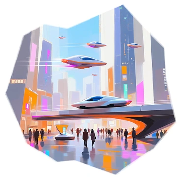 A futuristic cityscape filled with tall, sleek skyscrapers made of glass and metal, showcasing advanced architectural designs. The skyline is dotted with vibrant neon lights illuminating the buildings. In the sky, several flying cars with streamlined shapes are zipping through the air, leaving trails of light behind them. Below, the streets are bustling with people, some walking on elevated walkways and others interacting with digital kiosks. A monorail system runs alongside the buildings, connecting different parts of the city. The scene captures the dynamic energy of a technologically advanced urban environment.