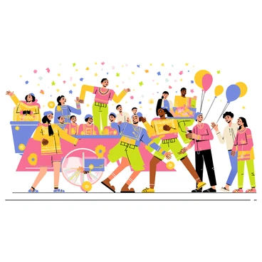 A vibrant parade scene filled with energetic dancers wearing bright, traditional costumes adorned with intricate patterns and embellishments. The dancers are performing dynamic movements, showcasing their cultural heritage. Colorful floats are interspersed throughout the parade, each decorated with vivid flowers, balloons, and themed decorations. The floats feature various cultural motifs and are being pulled by cheerful participants. The atmosphere is lively, with confetti floating in the air and excited onlookers clapping and cheering along the sidelines.
