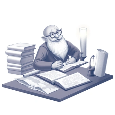 A dwarf with a long beard is seated at a wooden table. He is writing notes in a large leather-bound book. Surrounding him are numerous stacked scrolls and detailed maps, some partially unrolled. The dwarf is wearing round spectacles perched on his nose, and his expression is focused as he studies the materials. The scene is illuminated by a lantern, casting soft shadows across the table and highlighting the intricate details of the scrolls and maps nearby.