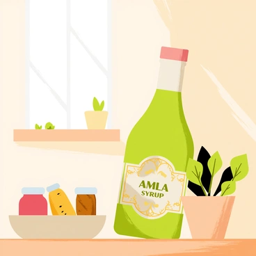 A bottle of amla syrup with a green liquid inside. The bottle has a decorative label featuring intricate designs with shades of gold and green. The kitchen shelf is made of light wood, and there are various spices in small jars around the bottle. A potted plant with lush green leaves is positioned next to the syrup bottle, adding a natural touch to the setting. Sunlight filters through a nearby window, casting gentle shadows across the shelf.